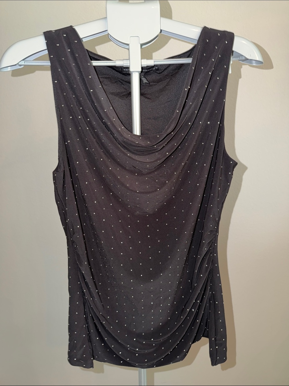 Black Sleeveless Draped Neck Tank with Tiny Silver Dots